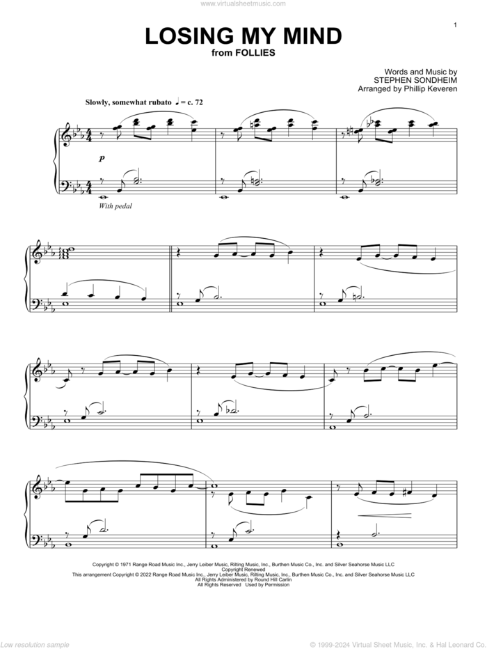 Losing My Mind (from Follies), (intermediate) sheet music for piano solo by Stephen Sondheim and Phillip Keveren, intermediate skill level