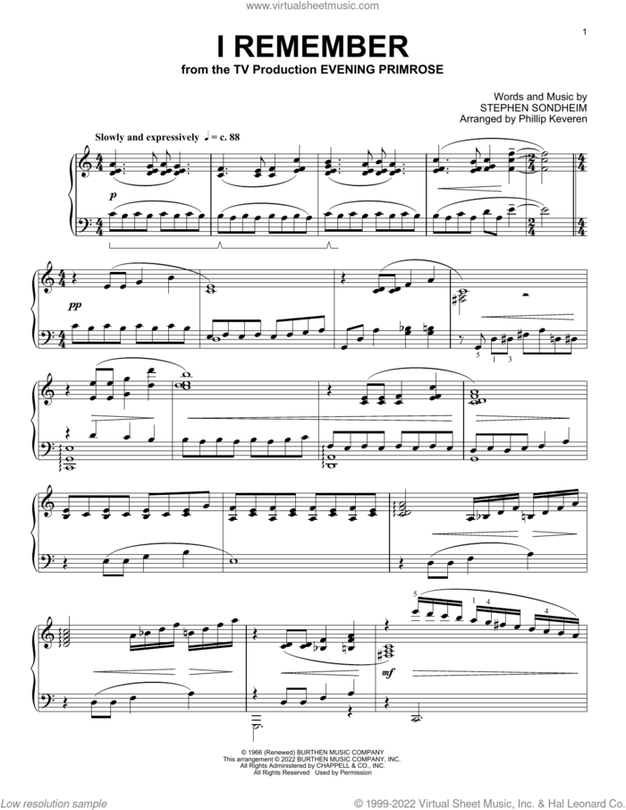 I Remember (from Evening Primrose) (arr. Phillip Keveren) sheet music for piano solo by Stephen Sondheim and Phillip Keveren, intermediate skill level