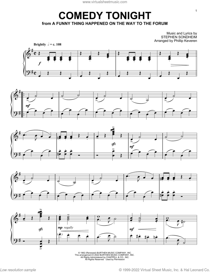 Comedy Tonight (from A Funny Thing Happened...) (arr. Phillip Keveren) sheet music for piano solo by Stephen Sondheim and Phillip Keveren, intermediate skill level