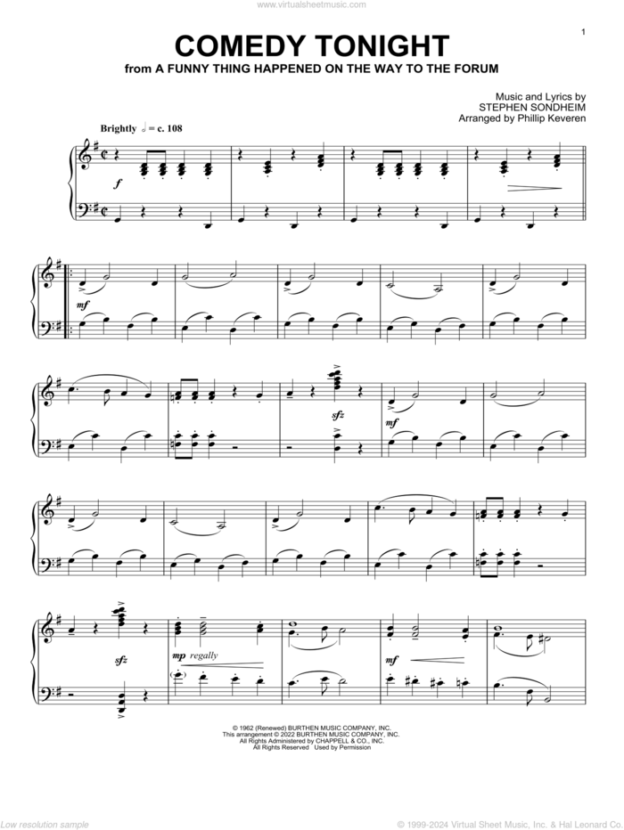 Comedy Tonight (from A Funny Thing Happened...) (arr. Phillip Keveren) sheet music for piano solo by Stephen Sondheim and Phillip Keveren, intermediate skill level