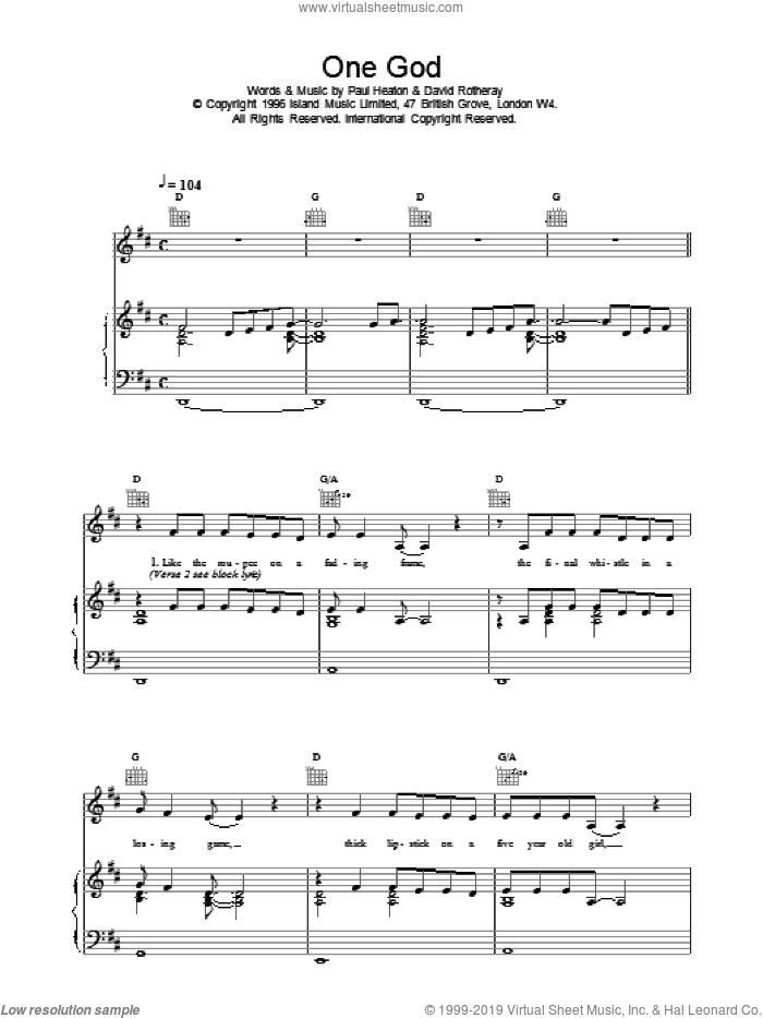 One God sheet music for voice, piano or guitar by The Beautiful South, intermediate skill level