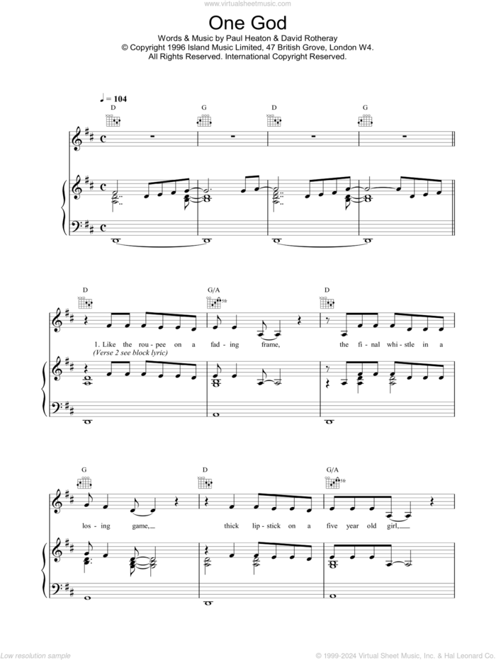 One God sheet music for voice, piano or guitar by The Beautiful South, intermediate skill level