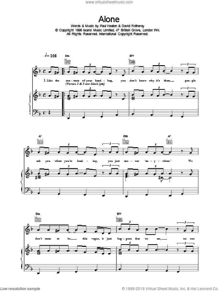 Alone sheet music for voice, piano or guitar by The Beautiful South, intermediate skill level