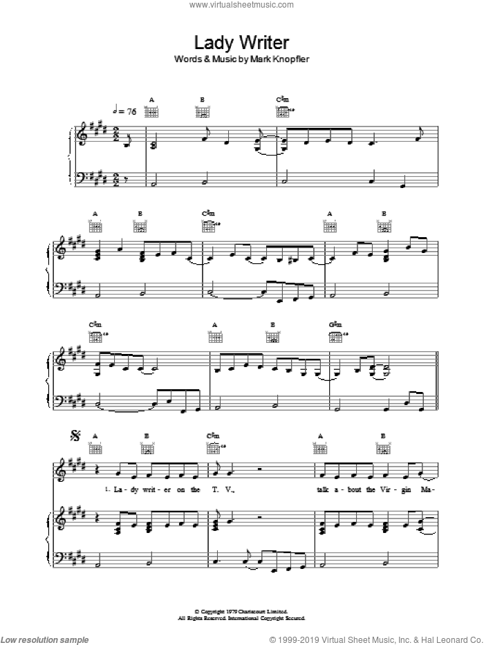 Lady Writer sheet music for voice, piano or guitar by Dire Straits, intermediate skill level