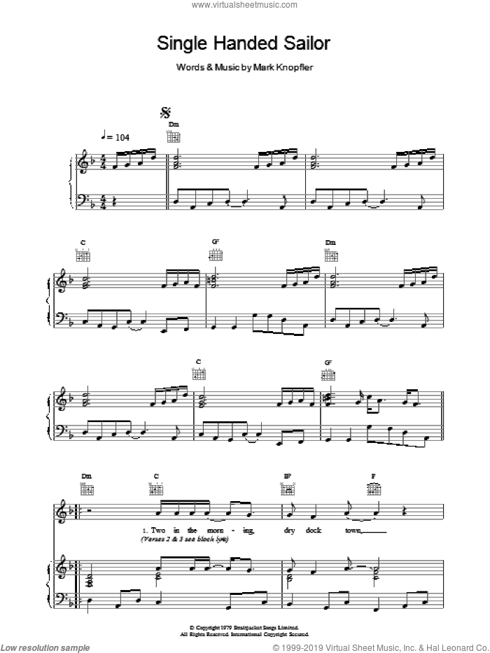 Single Handed Sailor sheet music for voice, piano or guitar by Dire Straits, intermediate skill level