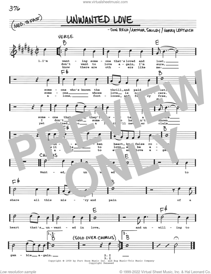 Unwanted Love sheet music for voice and other instruments (real book with lyrics) by Arthur Smiley, Don Reno and Harry Leftwich, intermediate skill level