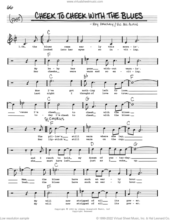 Cheek To Cheek With The Blues sheet music for voice and other instruments (real book with lyrics) by Roy Drusky and Vic McAlpin, intermediate skill level