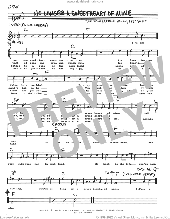 No Longer A Sweetheart Of Mine sheet music for voice and other instruments (real book with lyrics) by Arthur Smiley, Don Reno and Fred Swift, intermediate skill level