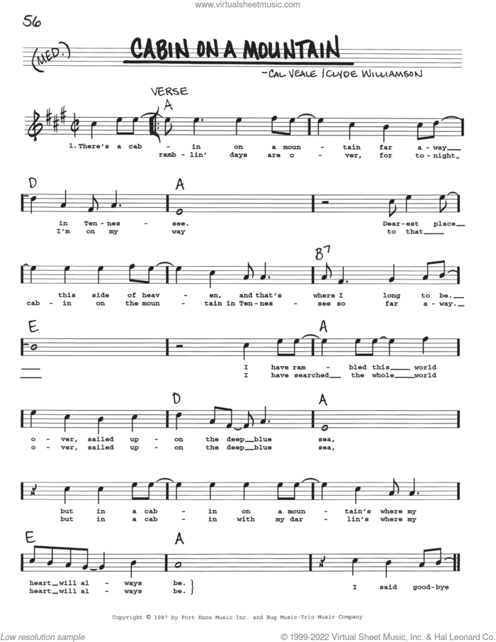 Cabin On A Mountain sheet music for voice and other instruments (real book with lyrics) by Cal Veale and Clyde Williamson, intermediate skill level