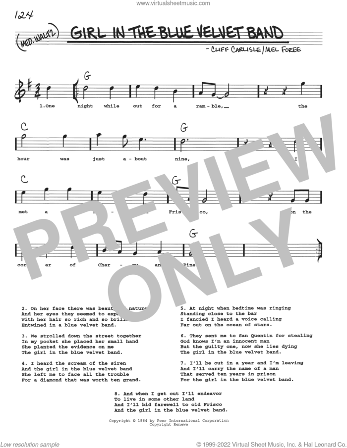 Girl In The Blue Velvet Band sheet music for voice and other instruments (real book with lyrics) by Cliff Carlisle and Mel Foree, intermediate skill level