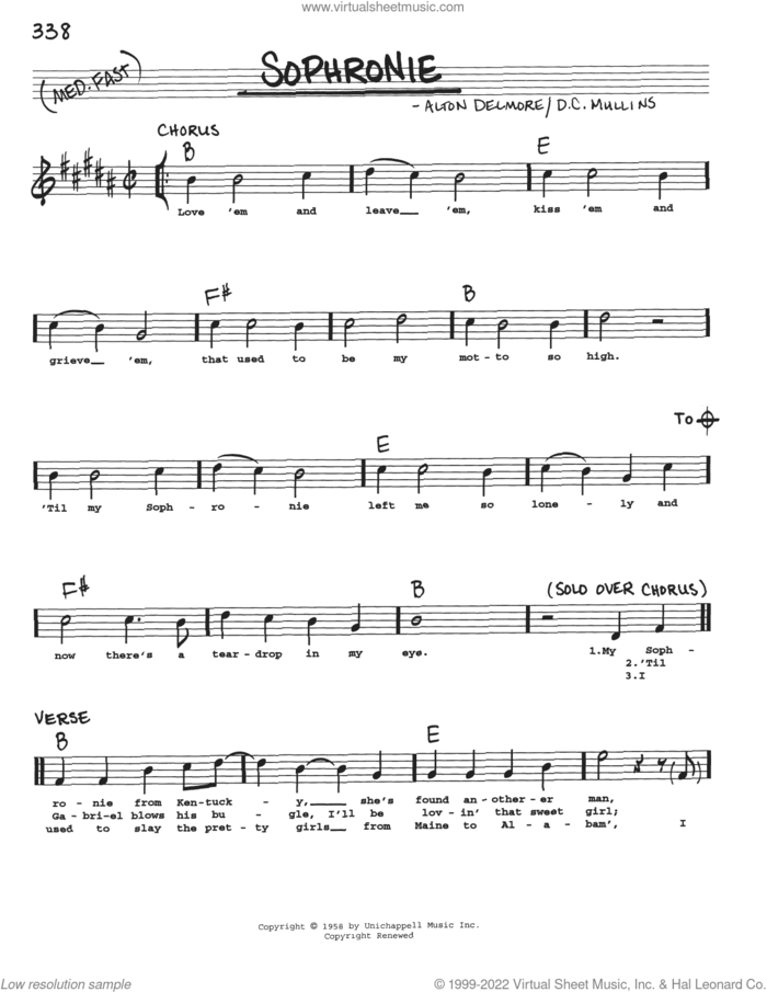 Sophronie sheet music for voice and other instruments (real book with lyrics) by Alton Delmore and D.C. Mullins, intermediate skill level