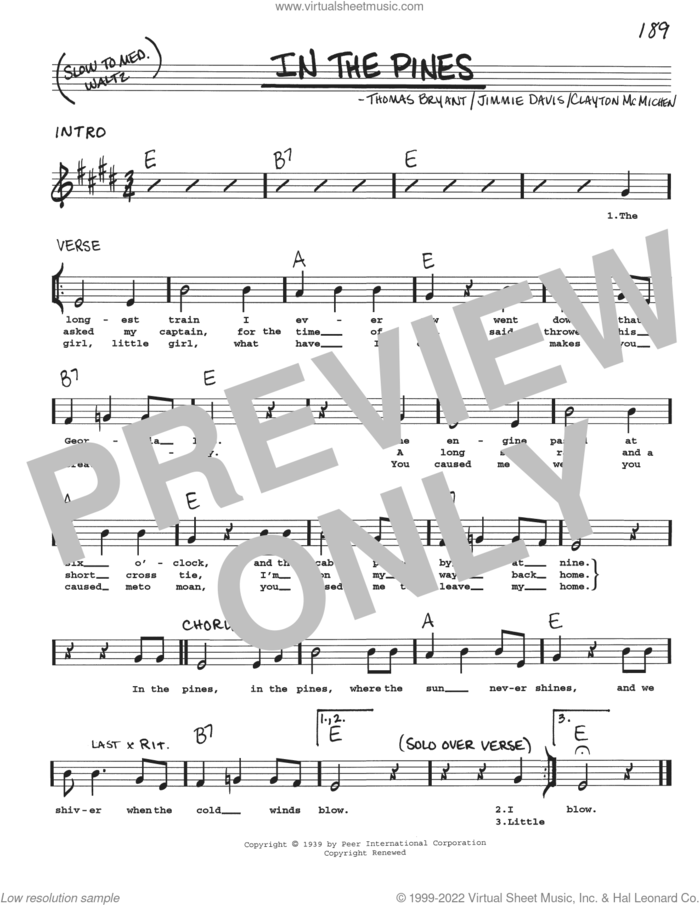 In The Pines sheet music for voice and other instruments (real book with lyrics) by Clayton McMichen, Jimmie Davis and Thomas Bryant, intermediate skill level