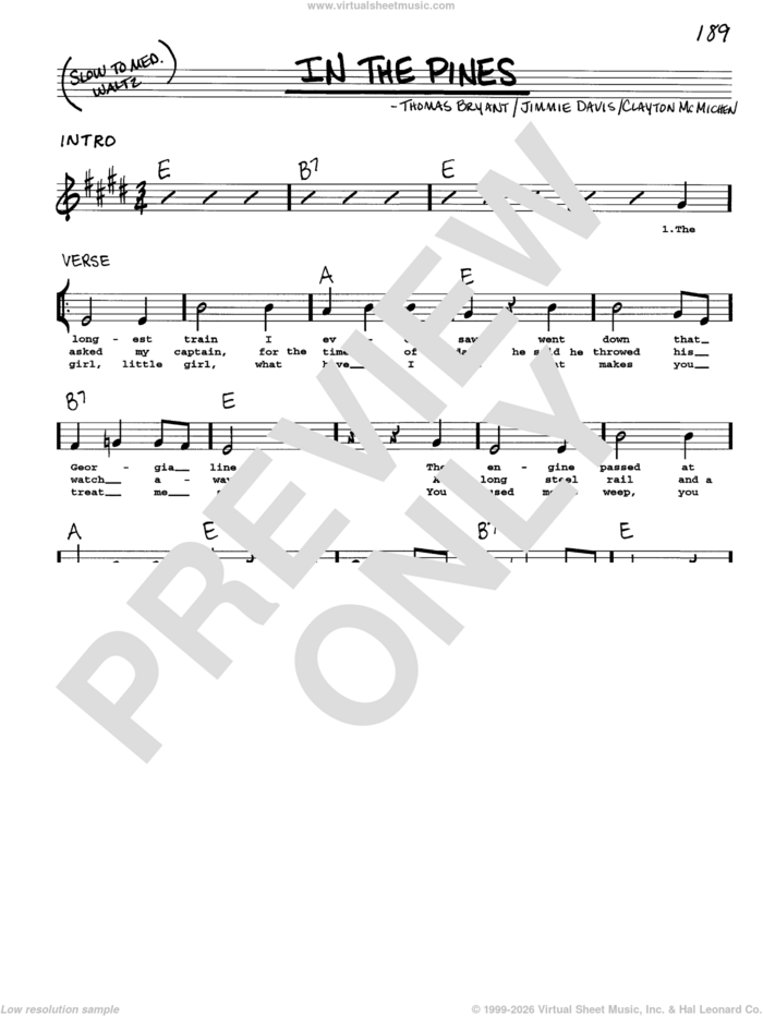 In The Pines sheet music for voice and other instruments (real book with lyrics) by Clayton McMichen, Jimmie Davis and Thomas Bryant, intermediate skill level