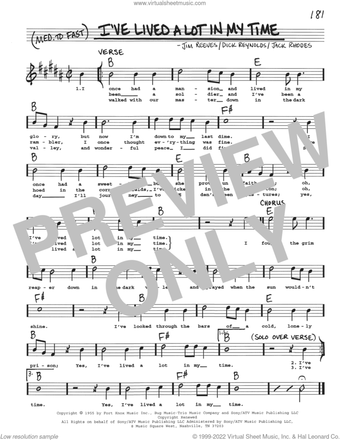 I've Lived A Lot In My Time sheet music for voice and other instruments (real book with lyrics) by Dick Reynolds, Jack Rhodes and Jim Reeves, intermediate skill level