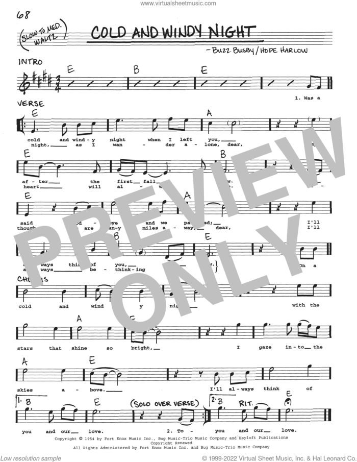 Cold And Windy Night sheet music for voice and other instruments (real book with lyrics) by Buzz Busby and Hope Harlow, intermediate skill level