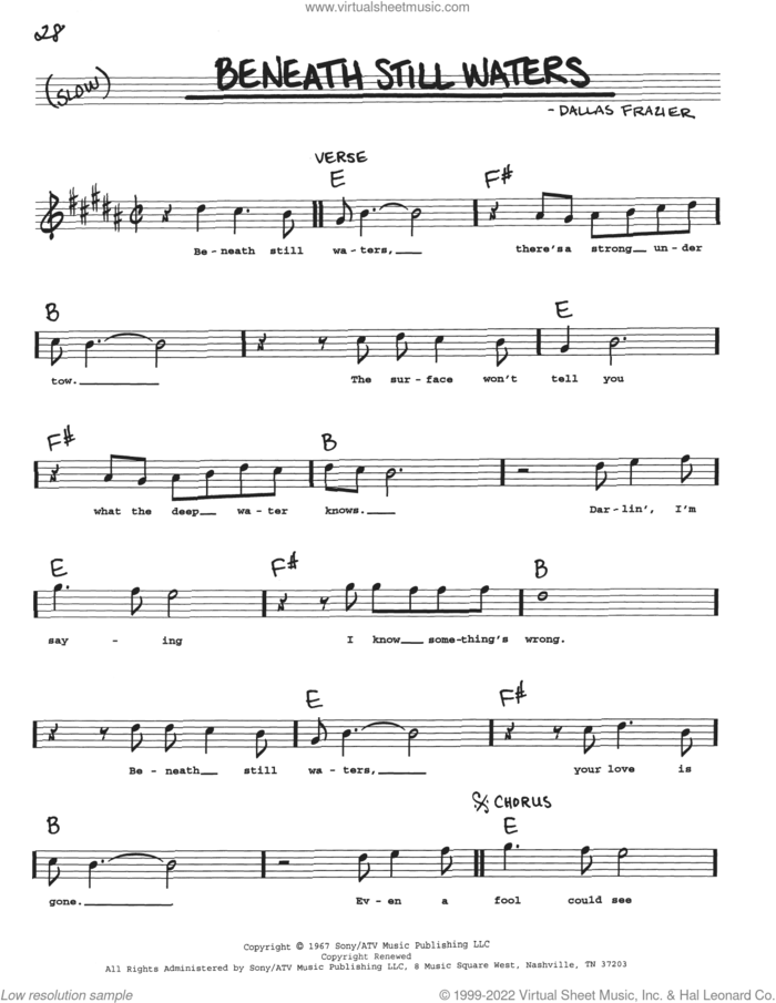 Beneath Still Waters sheet music for voice and other instruments (real book with lyrics) by Emmylou Harris and Dallas Frazier, intermediate skill level