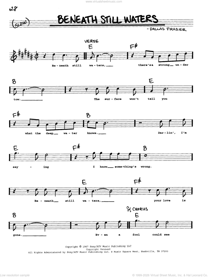 Beneath Still Waters sheet music for voice and other instruments (real book with lyrics) by Emmylou Harris and Dallas Frazier, intermediate skill level