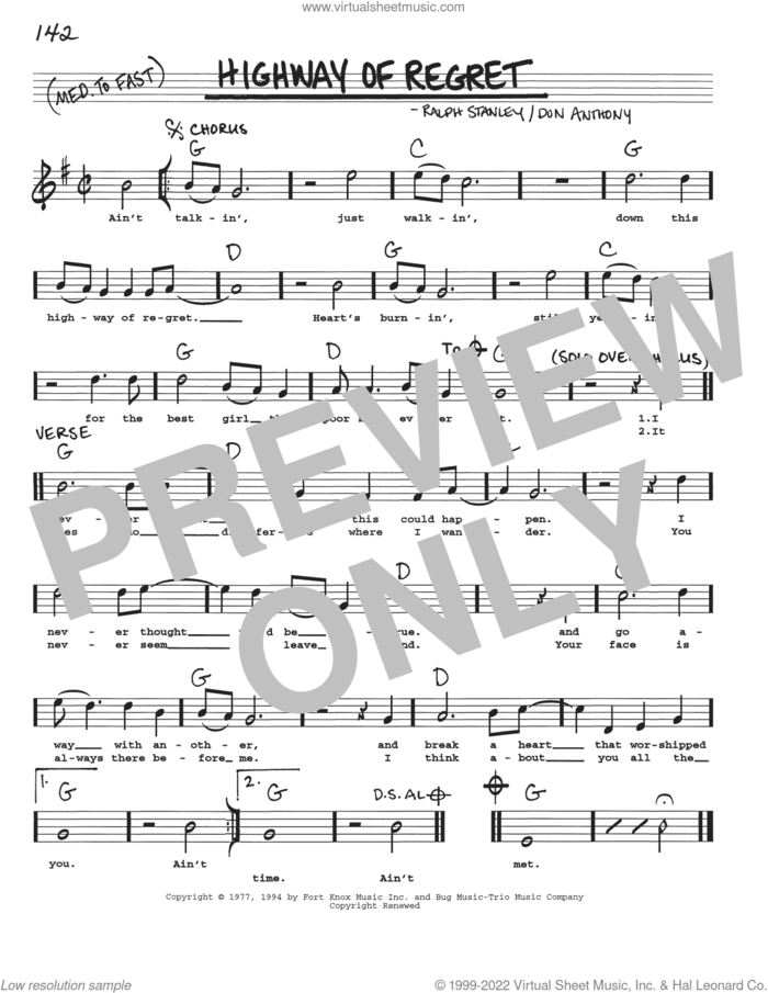 Highway Of Regret sheet music for voice and other instruments (real book with lyrics) by Don Anthony and Ralph Stanley, intermediate skill level