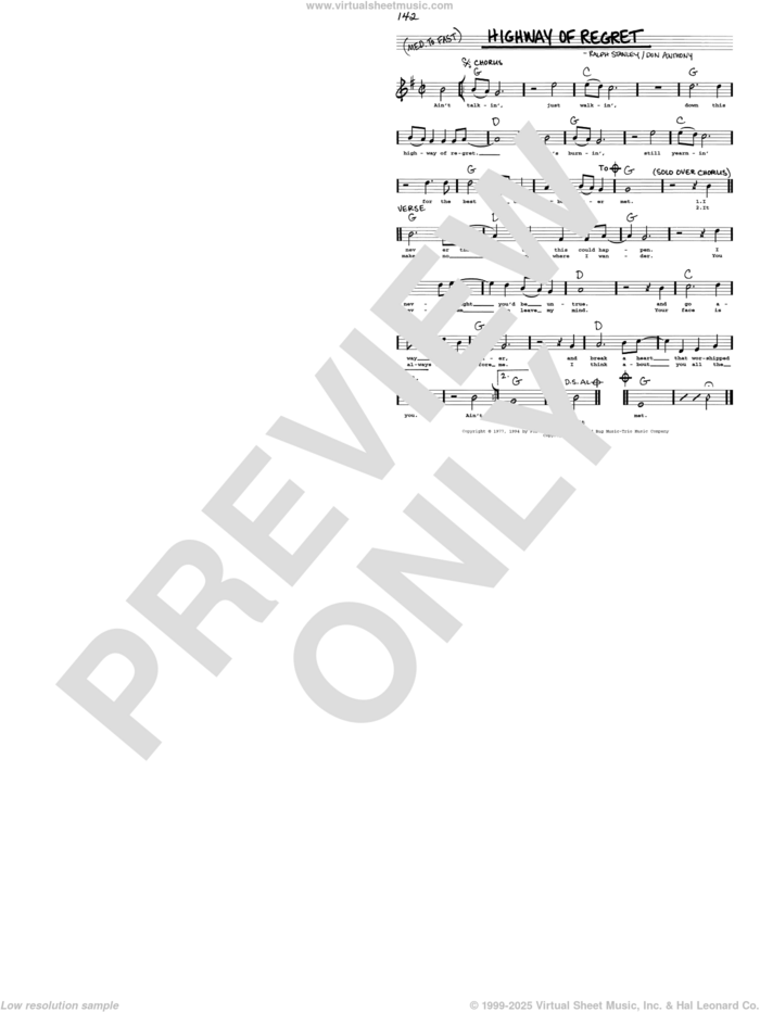 Highway Of Regret sheet music for voice and other instruments (real book with lyrics) by Don Anthony and Ralph Stanley, intermediate skill level