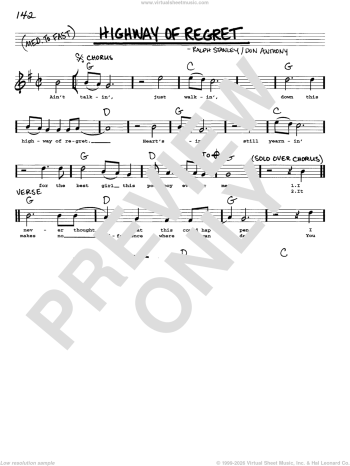 Highway Of Regret sheet music for voice and other instruments (real book with lyrics) by Don Anthony and Ralph Stanley, intermediate skill level