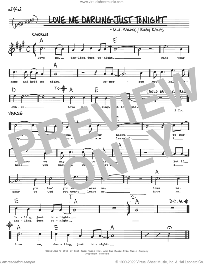 Love Me Darling Just Tonight sheet music for voice and other instruments (real book with lyrics) by M.H. Malone and Ruby Rakes, intermediate skill level