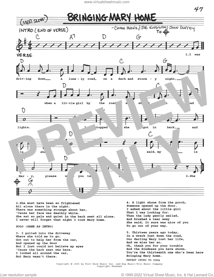 Bringing Mary Home sheet music for voice and other instruments (real book with lyrics) by Chaw Mank, Joe Kingston and John Duffey, intermediate skill level