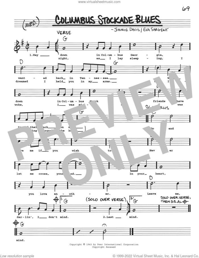 Columbus Stockade Blues sheet music for voice and other instruments (real book with lyrics) by Jimmie Davis, Vaughn Monroe/Sons of Pioneers and Eva Sargent, intermediate skill level