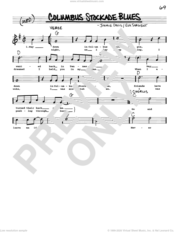 Columbus Stockade Blues sheet music for voice and other instruments (real book with lyrics) by Jimmie Davis, Vaughn Monroe/Sons of Pioneers and Eva Sargent, intermediate skill level
