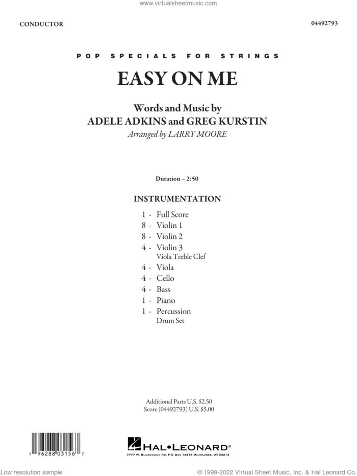 Easy On Me (arr. Larry Moore) (COMPLETE) sheet music for orchestra by Adele, Adele Adkins, Greg Kurstin and Larry Moore, intermediate skill level