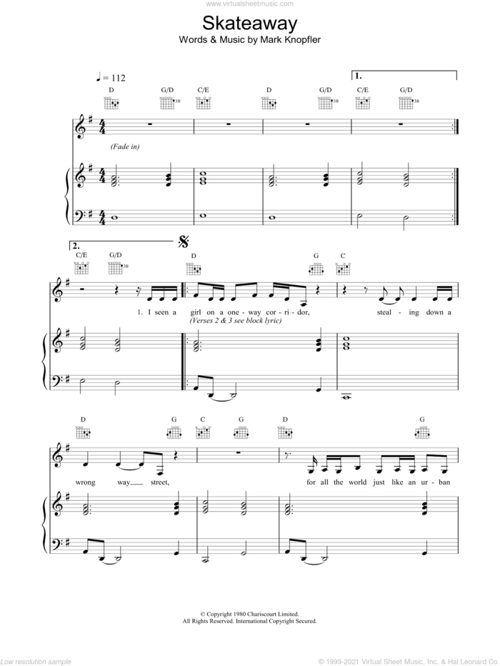 Skateaway sheet music for voice, piano or guitar by Dire Straits, intermediate skill level