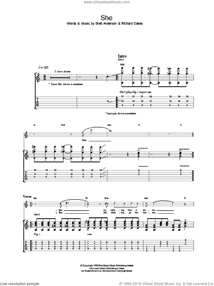 She sheet music for guitar (tablature) by Suede, intermediate skill level