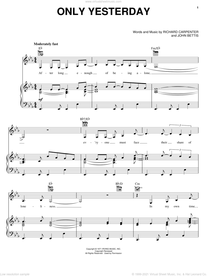 Only Yesterday sheet music for voice, piano or guitar by Carpenters, John Bettis and Richard Carpenter, intermediate skill level