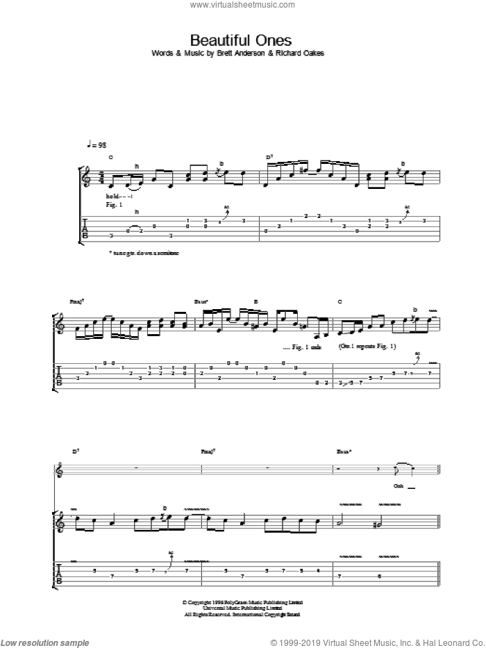 Beautiful Ones sheet music for guitar (tablature) by Suede, intermediate skill level