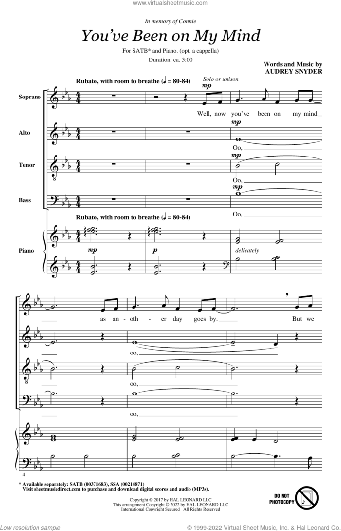 You've Been On My Mind sheet music for choir (SATB: soprano, alto, tenor, bass) by Audrey Snyder, intermediate skill level