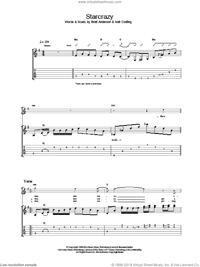 Starcrazy sheet music for guitar (tablature) by Suede, intermediate skill level
