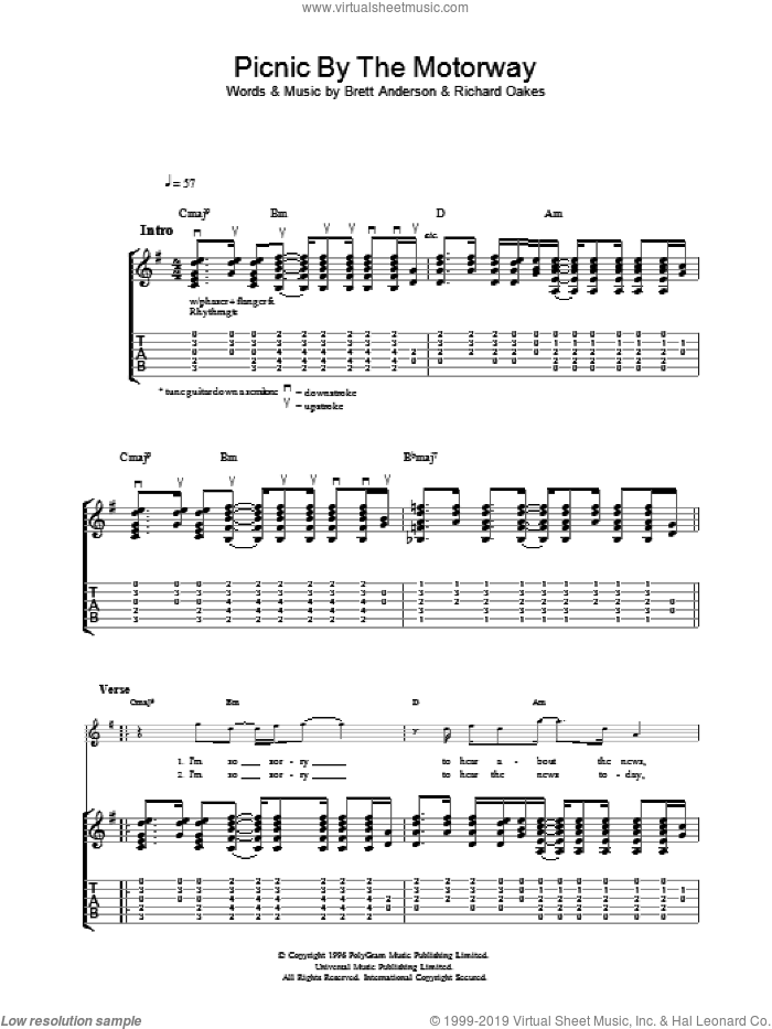 Picnic By The Motorway sheet music for guitar (tablature) by Suede, intermediate skill level