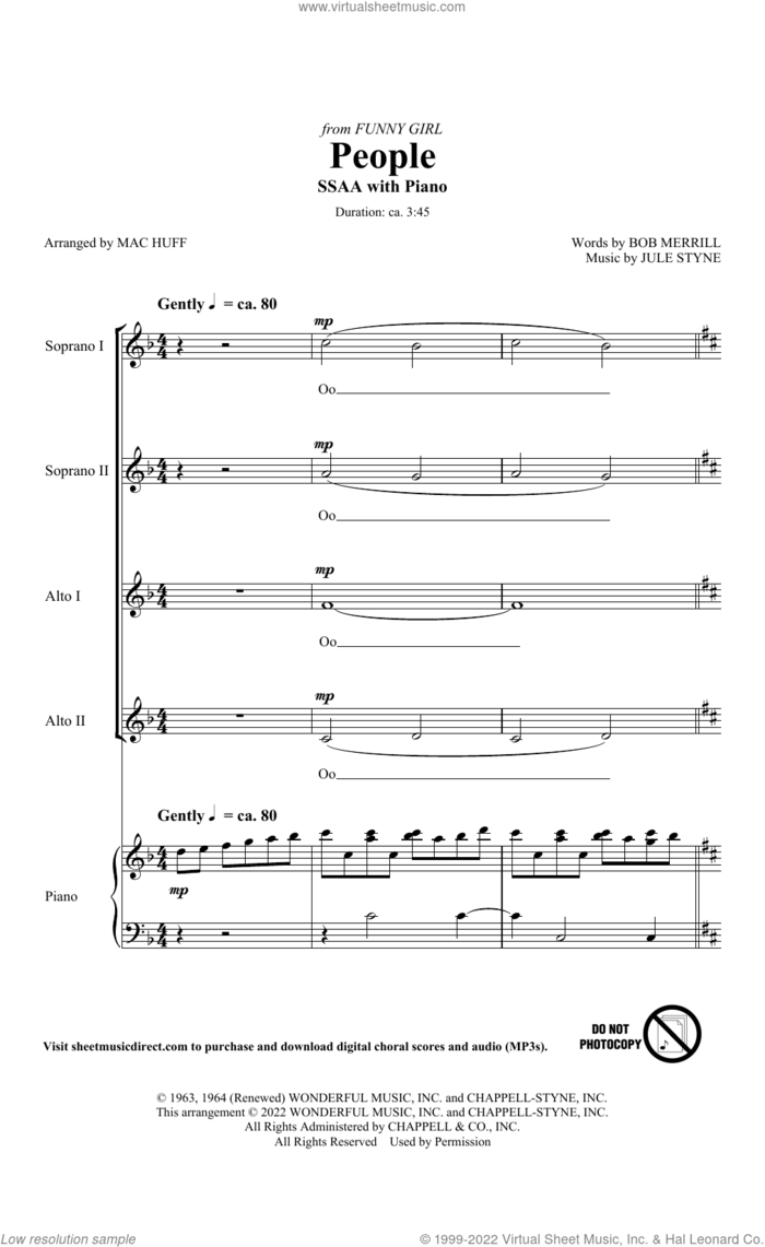 People (from Funny Girl) (arr. Mac Huff) sheet music for choir (SSAA: soprano, alto) by Jule Styne, Mac Huff, Barbra Streisand and Bob Merrill, intermediate skill level