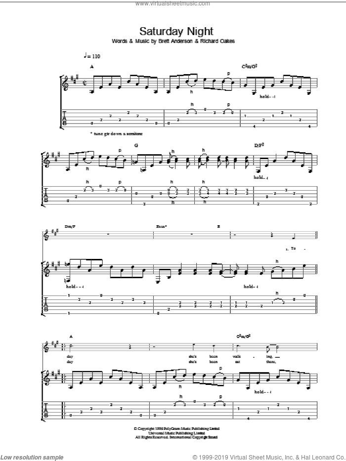 Saturday Night sheet music for guitar (tablature) by Suede, intermediate skill level