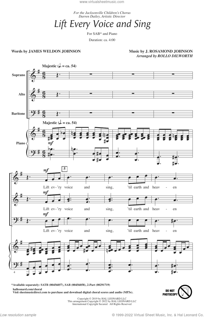 Lift Every Voice And Sing (arr. Rollo Dilworth) sheet music for choir (SAB: soprano, alto, bass) by J. Rosamond Johnson, Rollo Dilworth and James Weldon Johnson and J. Rosamond Johnson and James Weldon Johnson, intermediate skill level