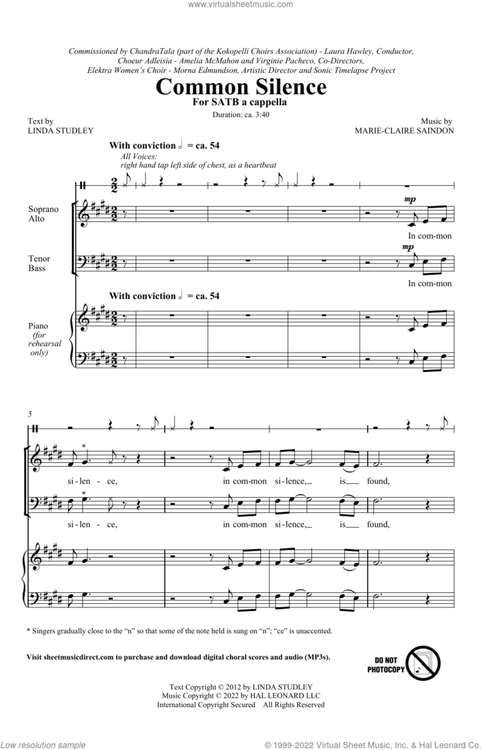 Common Silence sheet music for choir (SATB: soprano, alto, tenor, bass) by Marie-Claire Saindon and Linda Studley, intermediate skill level