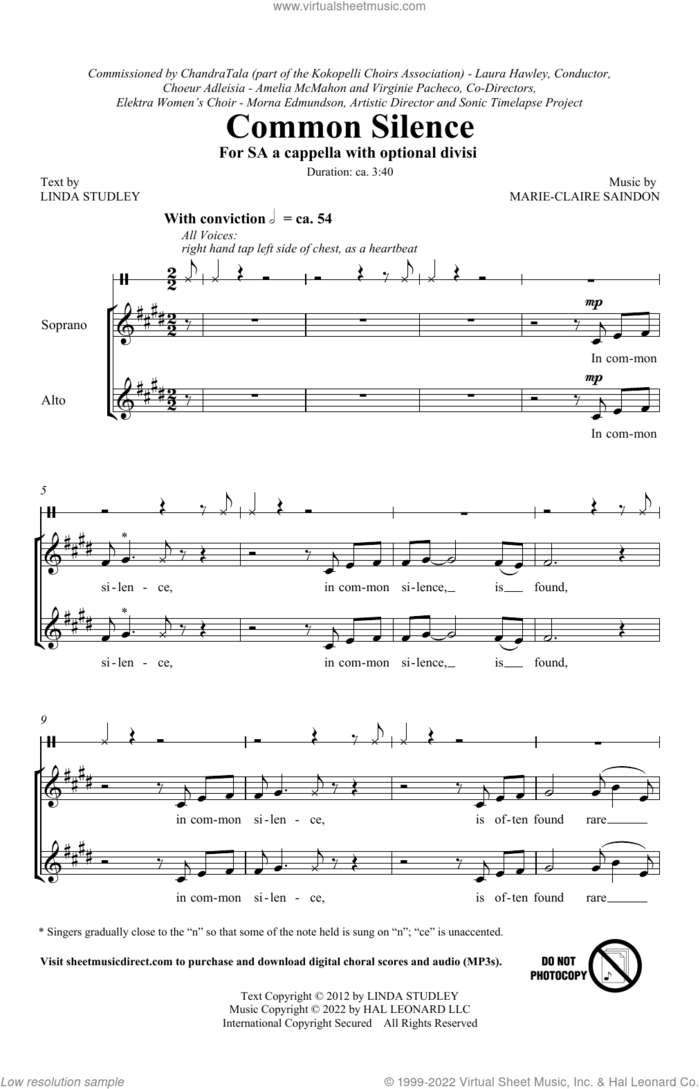 Common Silence sheet music for choir (2-Part) by Marie-Claire Saindon and Linda Studley, intermediate duet