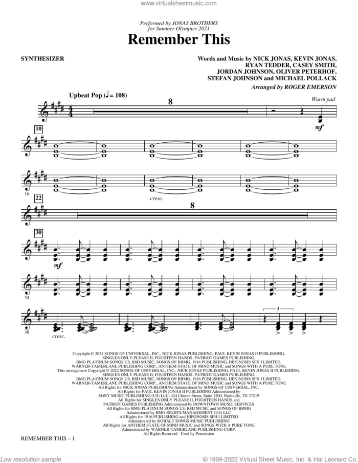Remember This (arr. Roger Emerson) (complete set of parts) sheet music for orchestra/band by Roger Emerson, Casey Smith, Jonas Brothers, Jordan Johnson, Kevin Jonas, Michael Pollack, Nicholas Jonas, Oliver Peterhof, Ryan Tedder and Stefan Johnson, intermediate skill level