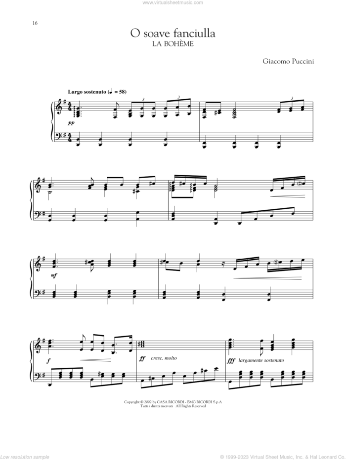 O Soave Fanciulla sheet music for piano solo by Giacomo Puccini, classical score, intermediate skill level