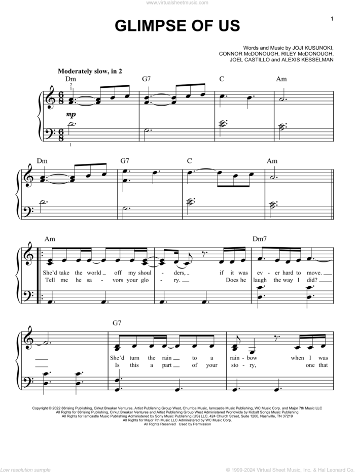 Glimpse Of Us, (easy) sheet music for piano solo by Joji, Alexis Kesselman, Connor McDonough, Joel Castillo, Joji Kusunoki and Riley McDonough, easy skill level