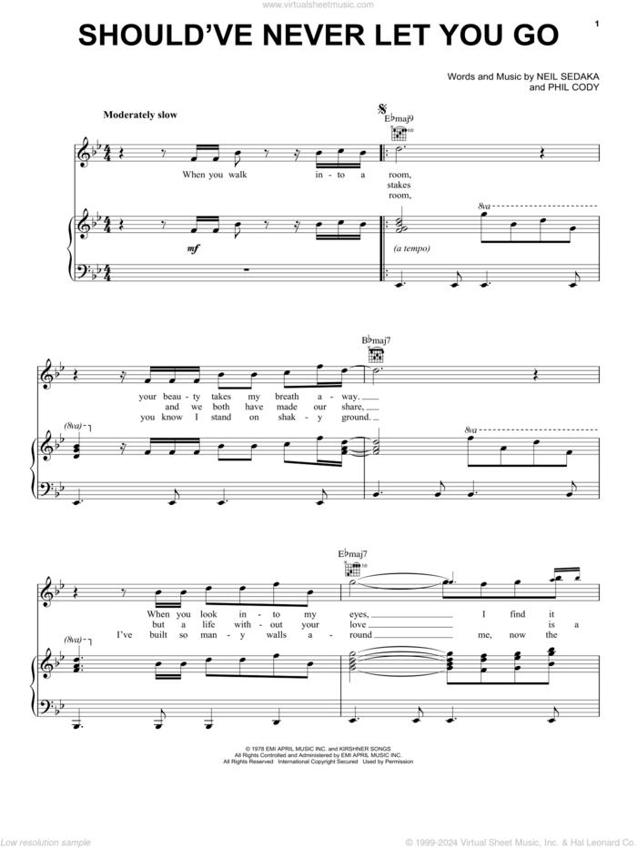 Should've Never Let You Go sheet music for voice, piano or guitar by Neil Sedaka and Phil Cody, intermediate skill level