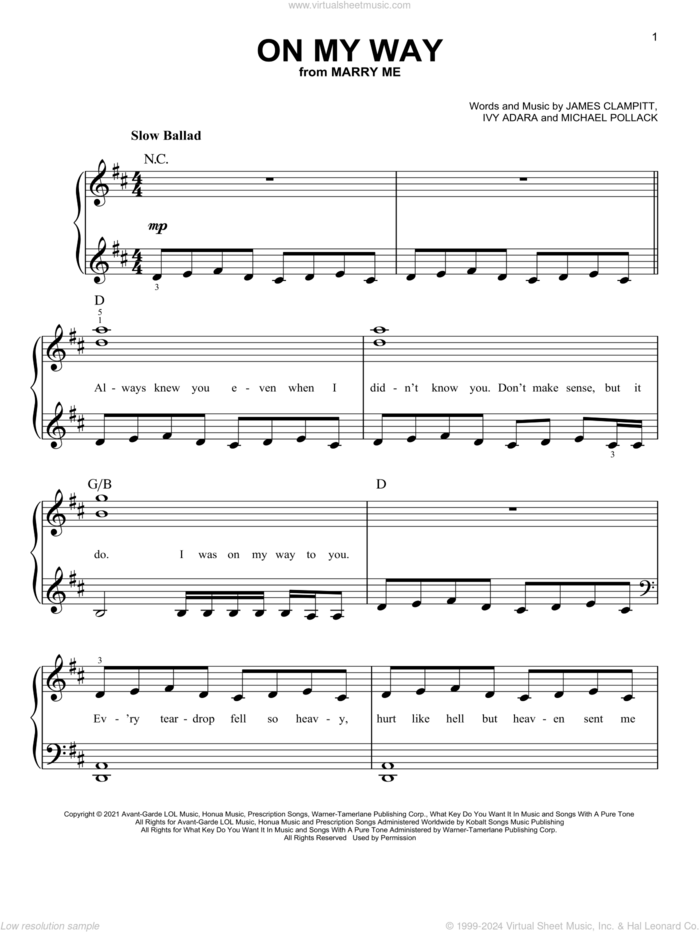 On My Way (from Marry Me), (easy) sheet music for piano solo by Jennifer Lopez, Ivy Adara, Leroy James Clampitt and Michael Pollack, easy skill level