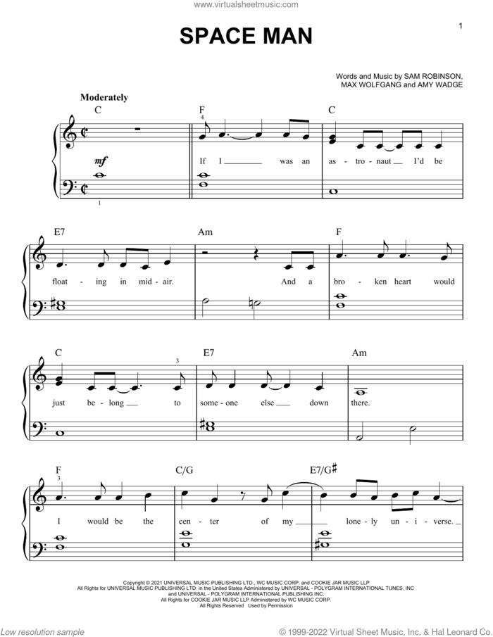 SPACE MAN, (easy) sheet music for piano solo by Sam Ryder, Amy Wadge, Max Wolfgang and Sam Robinson, easy skill level