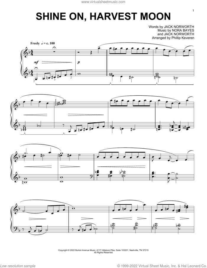 Shine On, Harvest Moon (arr. Phillip Keveren) sheet music for piano solo by Jack Norworth, Phillip Keveren and Nora Bayes, intermediate skill level