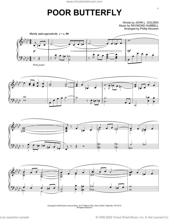 Poor Butterfly (arr. Phillip Keveren) sheet music for piano solo by Raymond Hubbell, Phillip Keveren and John L. Golden, intermediate skill level