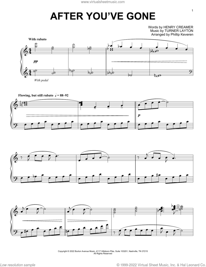 After You've Gone (arr. Phillip Keveren) sheet music for piano solo by Henry Creamer, Phillip Keveren and Turner Layton, intermediate skill level